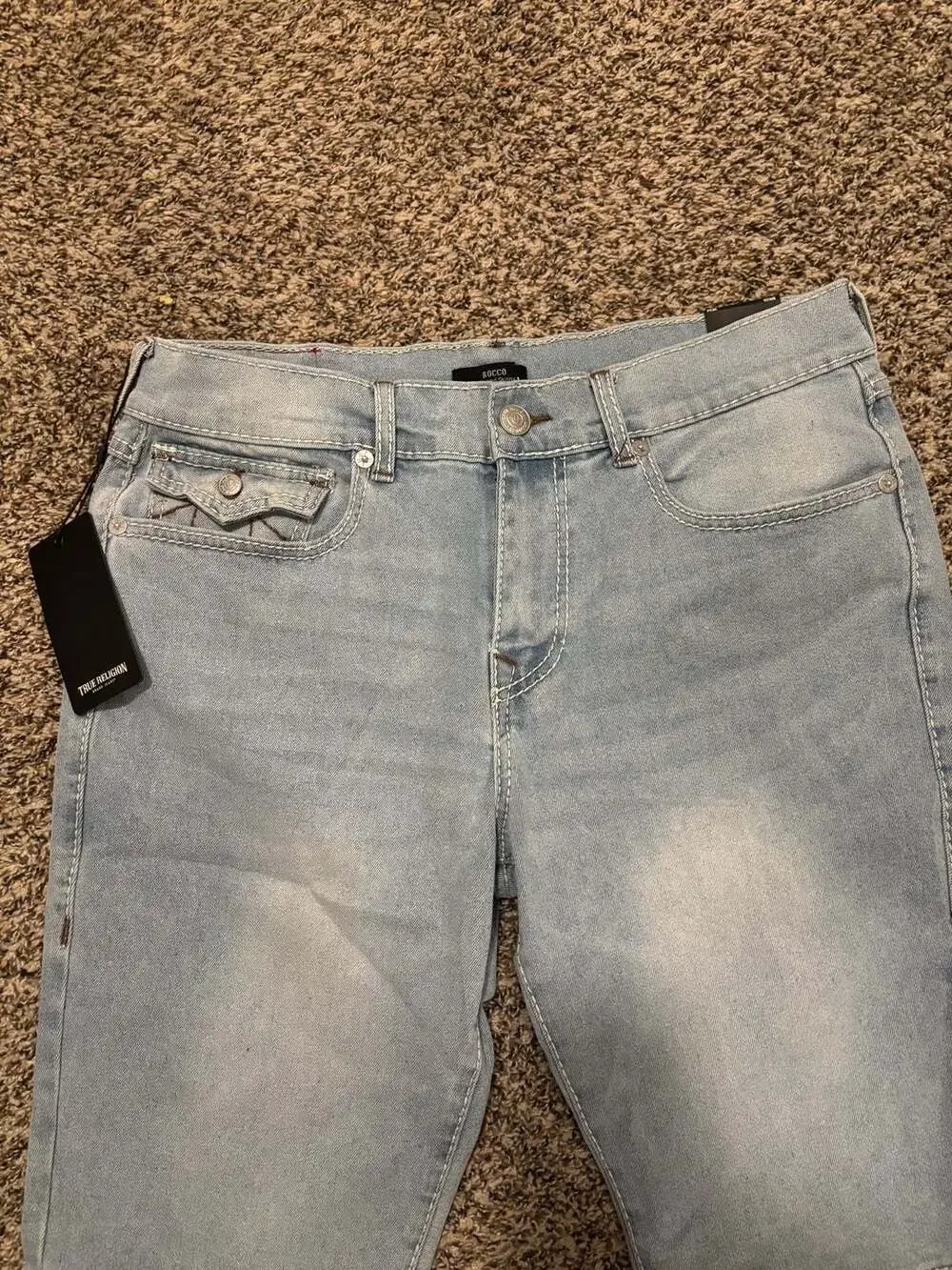 True Religion Rocco Big T Flap Denim Shorts Light Journey Wash Size 34 NWT